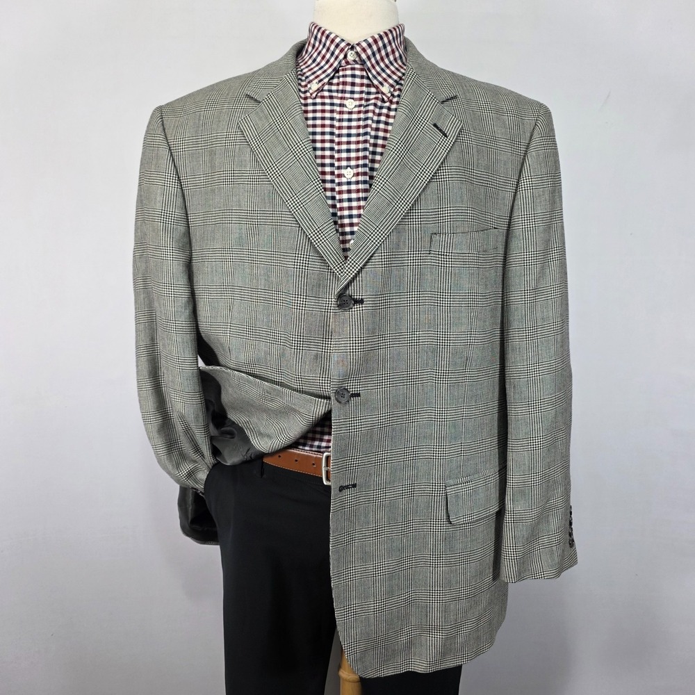 Bill Blass Men's Sport Coat Blazer Three Button‎ Gray Glen Plaid Silk Wool 48R